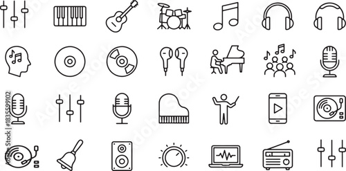 Collection of black and white line art icons representing various music and audio equipment concepts