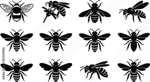 Detailed Silhouette Collection of Honey Bees and Wild Bees in Various Poses, Ideal for Beekeeping, Nature Conservation, and Insect Design