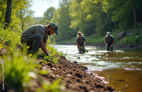 Men work together on riverbank restoration project. Plant green plants, vegetation along river edge. Men in casual clothes work on river shore on sunny day. People care for environment, restore
