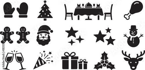 Collection of black and white christmas and holiday icons 