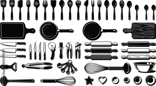 Extensive Silhouette Collection of Kitchen Tools, Cookware, and Baking Equipment, Featuring Cutlery, Spatulas, Rolling Pins, and Frying Pans