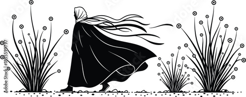 Hand-Drawn Vintage Engraving Style Illustration of a Woman with Harvest Baskets at a Traditional Wooden Barn, Rural Farm Scene Sketch.