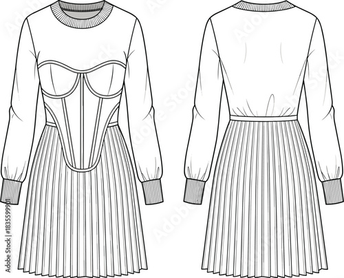 Long-Sleeve Crew Neck Minidress Technical Fashion Sketch with Integrated Corset Detail and Pleated Skirt, Front and Back View CAD Template.