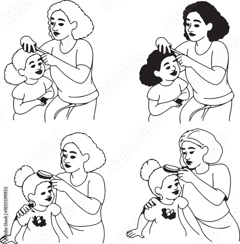 Mother combing her child s hair in four different illustrations