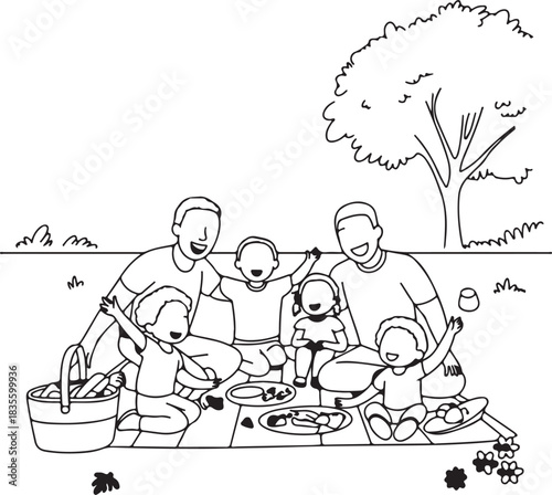 Happy family enjoying a picnic together outdoors under a tree