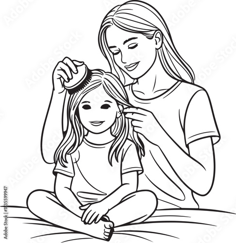Mother brushing daughter s long hair with love and care