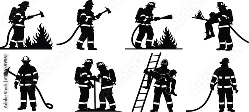 Firefighter silhouettes in action battling flames, rescuing victims, and using emergency equipment, heroic fire service teamwork and safety concept illustration