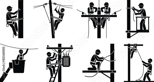 Set of Electrician and Utility Lineman Black Silhouette Vectors Working on Power Poles and Electrical Infrastructure, Isolated Graphic Bundle.