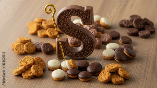 Saint Nicholas chocolate and cookies on wooden table