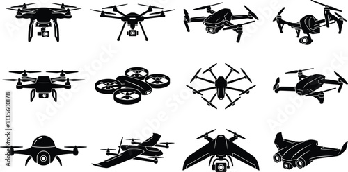 Set of Modern Drone and UAV Silhouettes Including Quadcopters, Advanced Multi-Rotor Designs, and Unmanned Aerial Vehicles with Camera