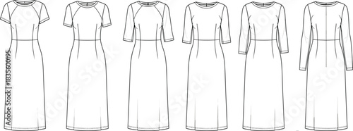 Set of Six Raglan Sleeve Midi Dresses Technical Fashion Flats with Short, Three-Quarter, and Long Sleeves, Front View CAD Template Bundle.