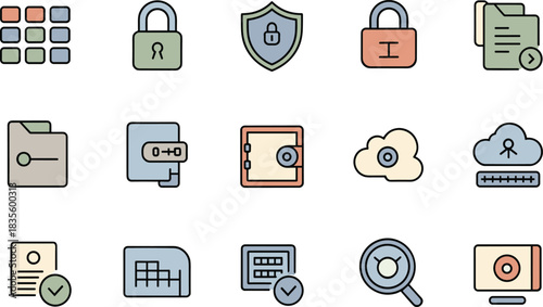 Cybersecurity icons set, data protection symbols, secure files, cloud security, encryption locks, privacy shield, technology safety elements, flat vector illustration