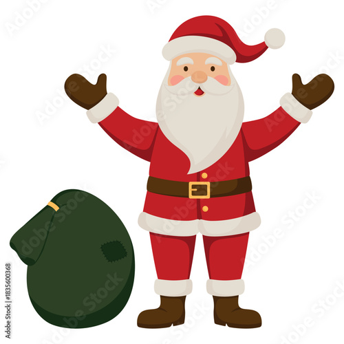 Illustration of Santa Claus waving his hands, wearing a red suit and hat, with a green gift bag. Holiday vector flat design isolated on white background.