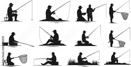 Fishing silhouette illustration set, anglers in action, boat and shore poses, outdoor activity vector, hobby graphic design bundle
