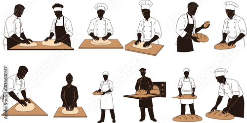 Collection of bakers and chefs kneading dough, shaping bread loaves, and working in a traditional bakery kitchen illustration, food preparation.