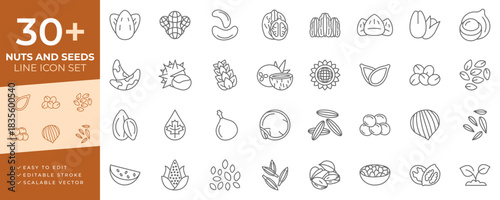 Nuts and seeds line art icon set featuring editable strokes and scalable vector symbols representing healthy food, cooking ingredients, agriculture, seeds, and natural foods for digital projects.