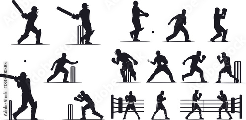 Cricket and boxing silhouette set, batting bowling sparring poses, sport motion icons, vector bundle, graphic action design pack