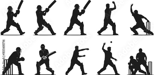 Cricket player silhouette set, batting bowling fielding poses, sport motion icons, vector bundle, graphic athletic action design pack