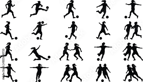 Silhouette Set of Women's Soccer Players in Dynamic Action Poses, Featuring Female Athletes Running, Kicking, and Competing for the Ball