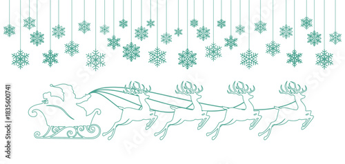 vector illustration of  santa claus and raindeers with snowflakes background