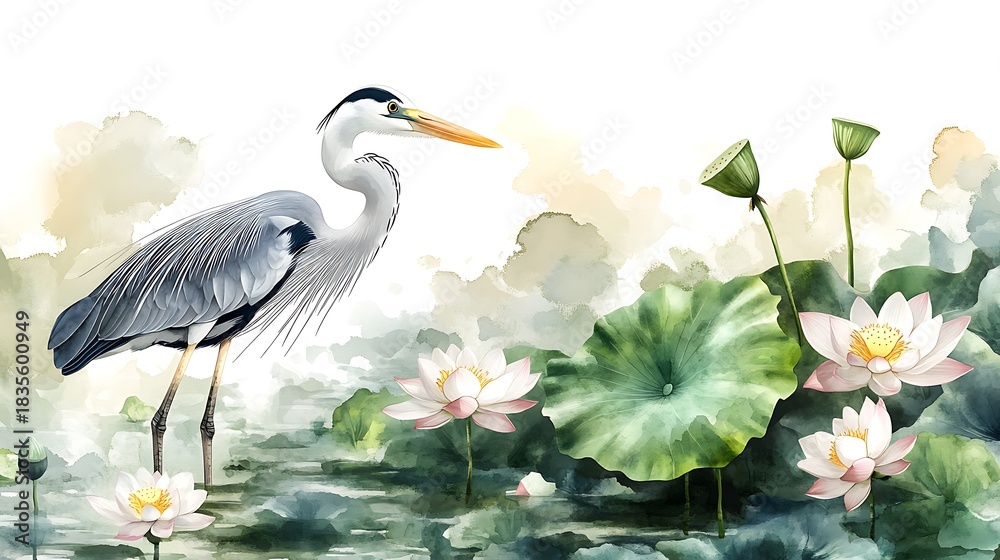 Obraz premium Elegant heron standing among delicate pink lotus flowers in a serene pond