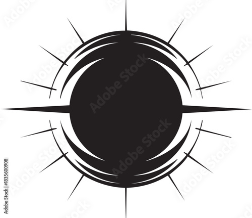 Abstract sun illustration in black and white with radiating rays