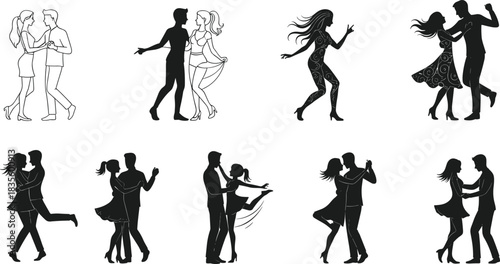 Dancing couple silhouettes, romantic poses, ballroom and solo dance illustration, artistic movement vector set, love choreography graphic design