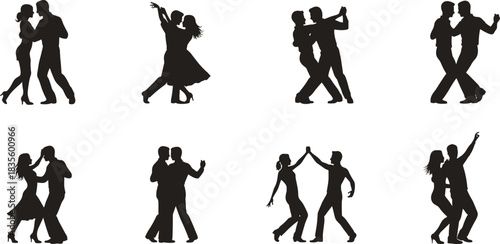 Dancing couple silhouettes, romantic poses, ballroom movement icons, elegant dance illustration, partner choreography graphic, love vector set, artistic design