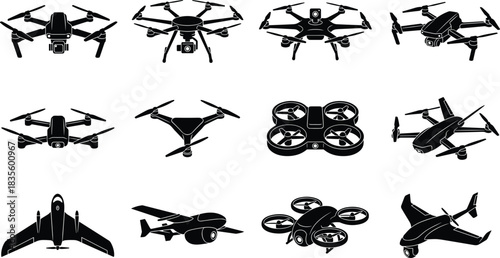 Vector Collection of Drone and UAV Silhouettes Featuring Quadcopters, Fixed-Wing Aircraft, and Unmanned Aerial Surveillance Technology