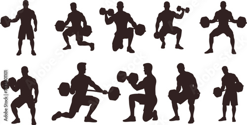 Dumbbell exercise silhouette set, strength training poses for arms legs core, fitness motion vector bundle, graphic workout design pack