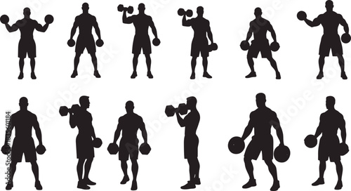 Dumbbell exercise silhouette set, strength training poses, bodybuilding motion icons, vector bundle, graphic fitness workout design pack