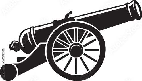 Black and White Cannon Illustration with Wheel Historical Weapon Art