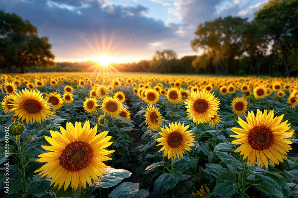 Obraz premium Golden Sunflower Field at Sunset with Trees