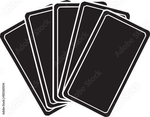 Black and white illustration of five playing cards in a fan shape