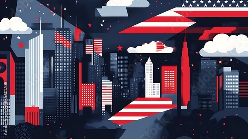 New york city skyline with american flag elements at night