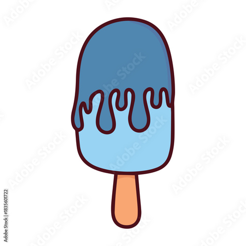 A blueberry ice cream bar on a stick, partially dipped in a dark blue glaze. A refreshing frozen dessert treat for cooling down in summer.