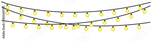 Three strands of yellow string lights hanging with black wires on a white background illustration , glowing holiday lights garland bulbs, twinkling fairy lights glow