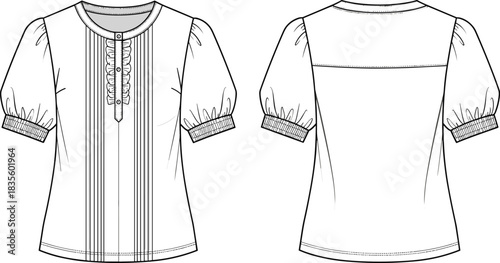 Women's Technical Fashion Flat of Short Puff Sleeve Blouse with Ruffled Placket and Pintucks, Front and Back View CAD Template.