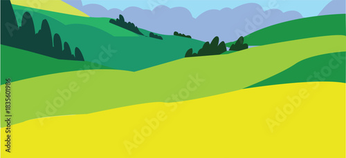 Hills landscape with green and yellow fields in scenic view of nature scenery