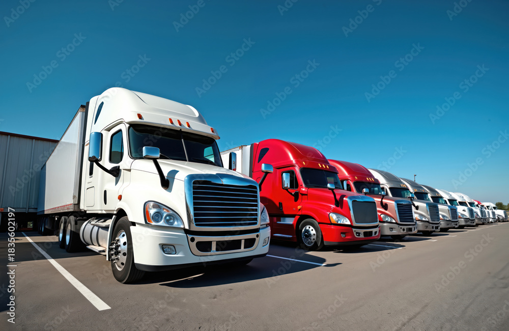 Naklejka premium Several semi trucks stand in row. Red white and grey trucks are parked against the blue sky. Tractor trailers wait in parking lot. Fleet vehicles lined in freight shipping company.
