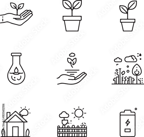 Eco friendly related thin line icon set in minimal style. Linear ecology icons. Environmental sustainability simple symbol.
