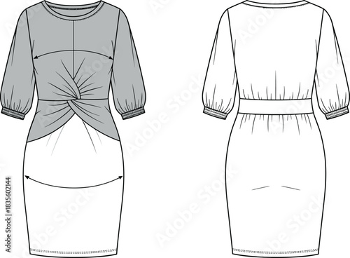 Women's Technical Fashion Flat of Three-Quarter Sleeve Knot-Front Knit Dress with Overlapped Tulip Mini Skirt, Front and Back CAD Drawing.