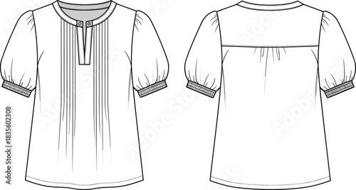 Women's Technical Fashion Sketch of Short Puff Sleeve Blouse with Buttoned Placket and Pin Tucks Detail, Front and Back CAD Template.