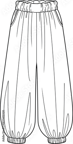 Women's Technical Fashion Sketch of Harem Pants with Elasticated Waistband, Slanted Pockets, and Gathered Ankle Cuffs, Front View CAD Template.