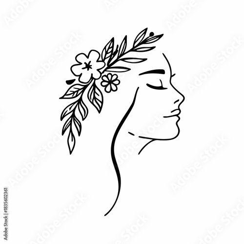 Minimalist Continuous Line Art Woman Portrait with Botanical Elements