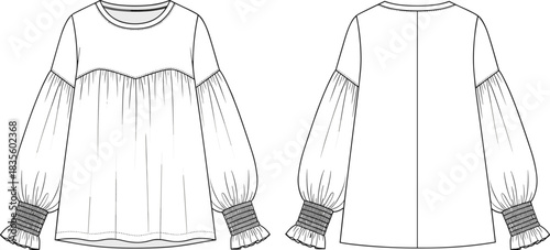 Women's Technical Fashion Sketch of Three-Quarter Sleeve Knot-Front Mini Dress with Draped Overlap Skirt, Front and Back View CAD Template.