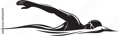 Black and white swimmer silhouette swimming in water illustration graphic art