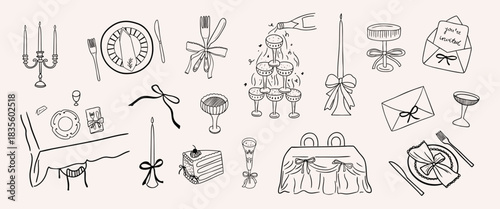Whimsical holiday dinner line art set. Coquette hand drawn party elements. Wedding table, champagne, drinks and table settings sketch. Vector illustration