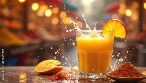 Orange lassi drink with orange slice garnish and saffron spices. Water splashes around glass on table with blurred indian market background. Refreshing beverage with bright colors.