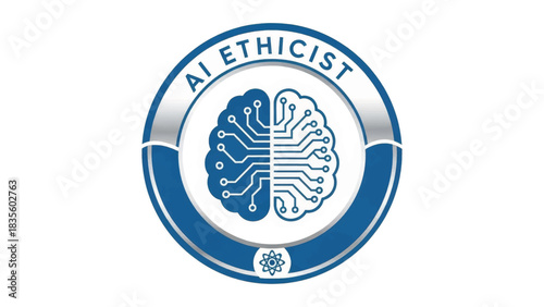 AI Ethicist professional badge logo. Vector illustration with a brain and circuit board icon. Concept of artificial intelligence ethics and responsible technology